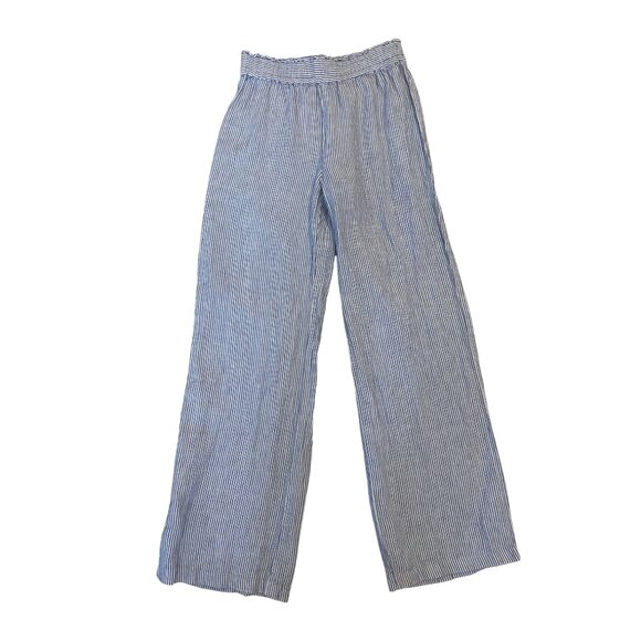 striped linen pants wide leg boho cottage blue white small elastic high waist - Picture 1 of 7